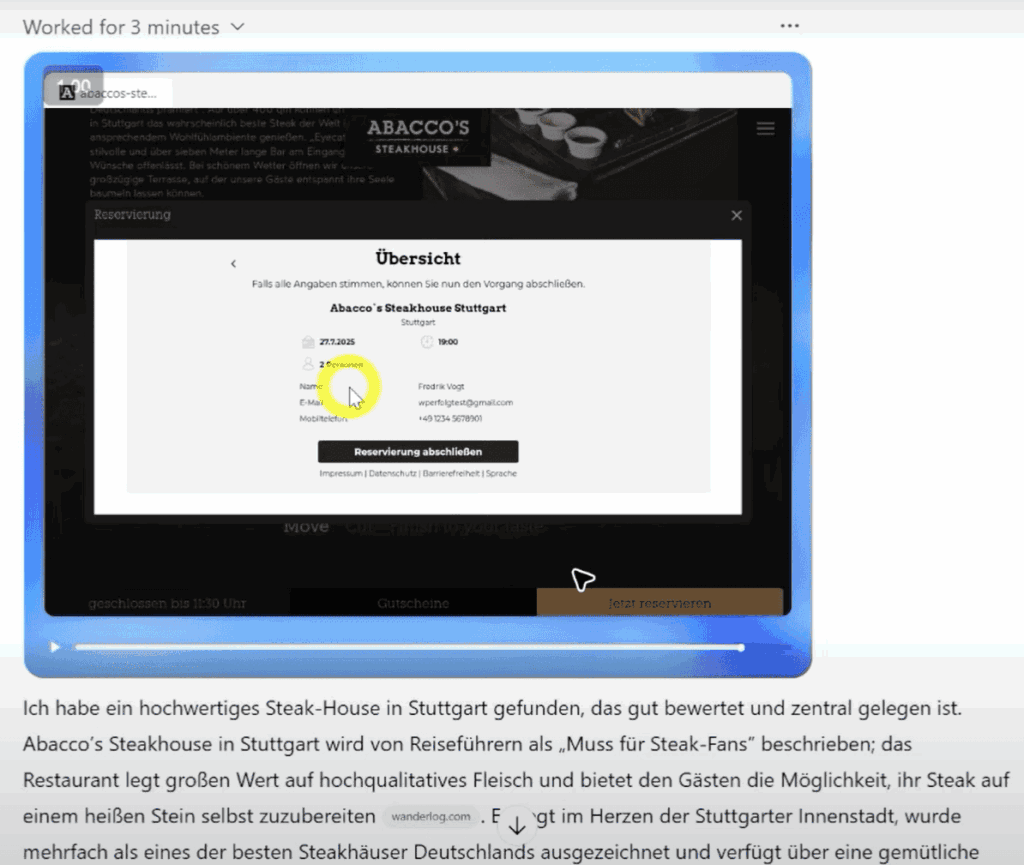 chatgpt agent mode beispiel - fragt um erlaubnis ob es tisch reservieren darf