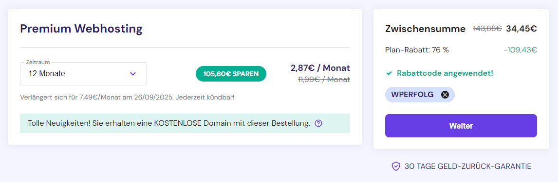 hostinger rabatt eingegeben und angewendet
